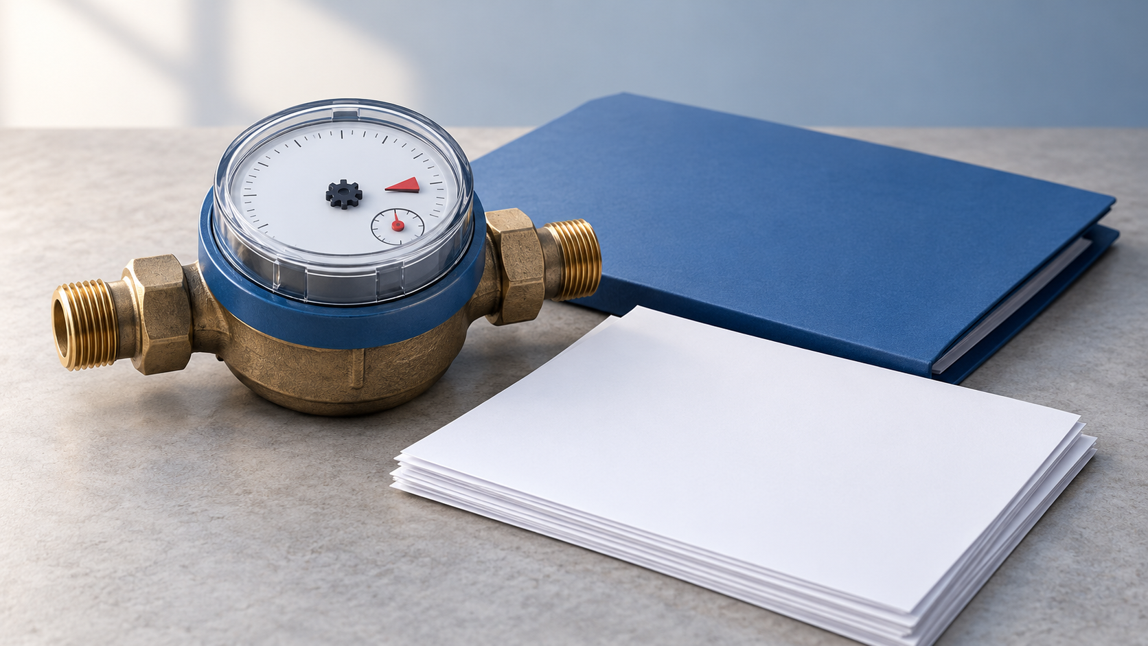 AI-generated conceptual illustration of a generic water meter beside a plain folder and blank papers; not Baddeck equipment or actual utility records.