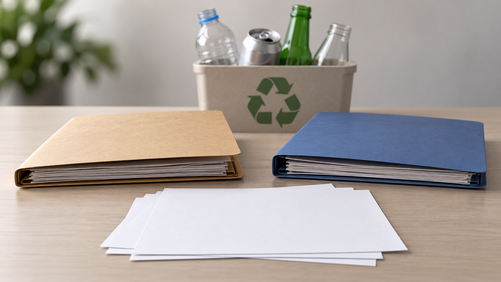AI-generated conceptual illustration of plain folders and blank papers beside a generic beverage-container recycling box; not actual study records or a specific depot.