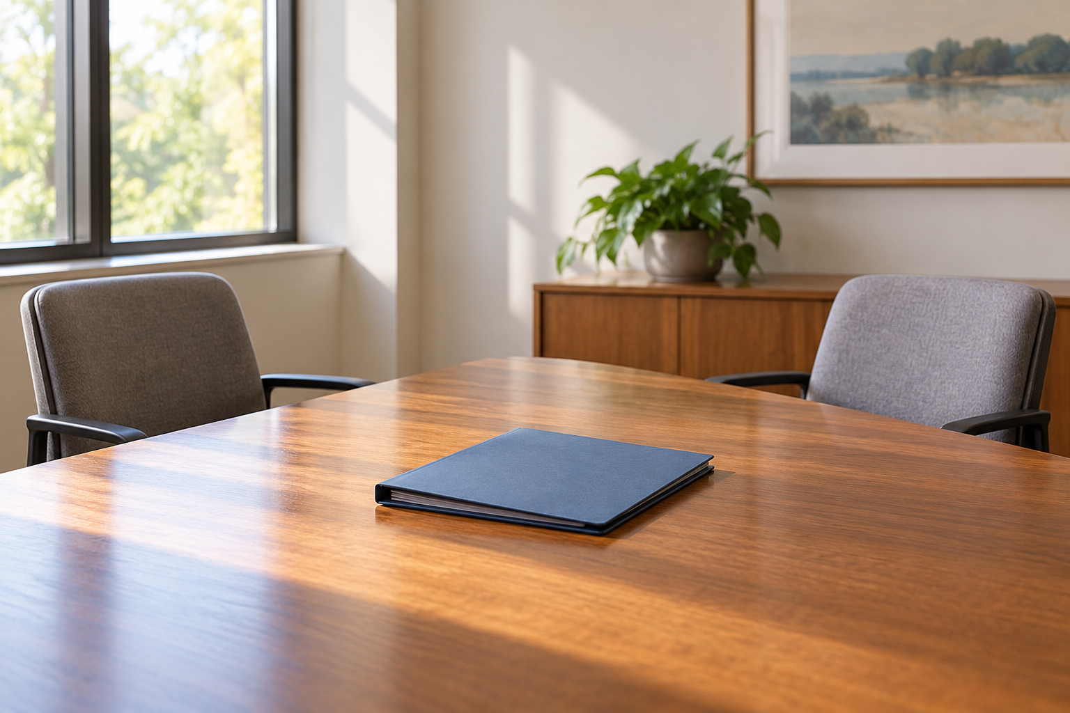 AI-generated conceptual illustration of a plain folder and empty chairs in a generic meeting room; not the actual synagogue, records or participants.