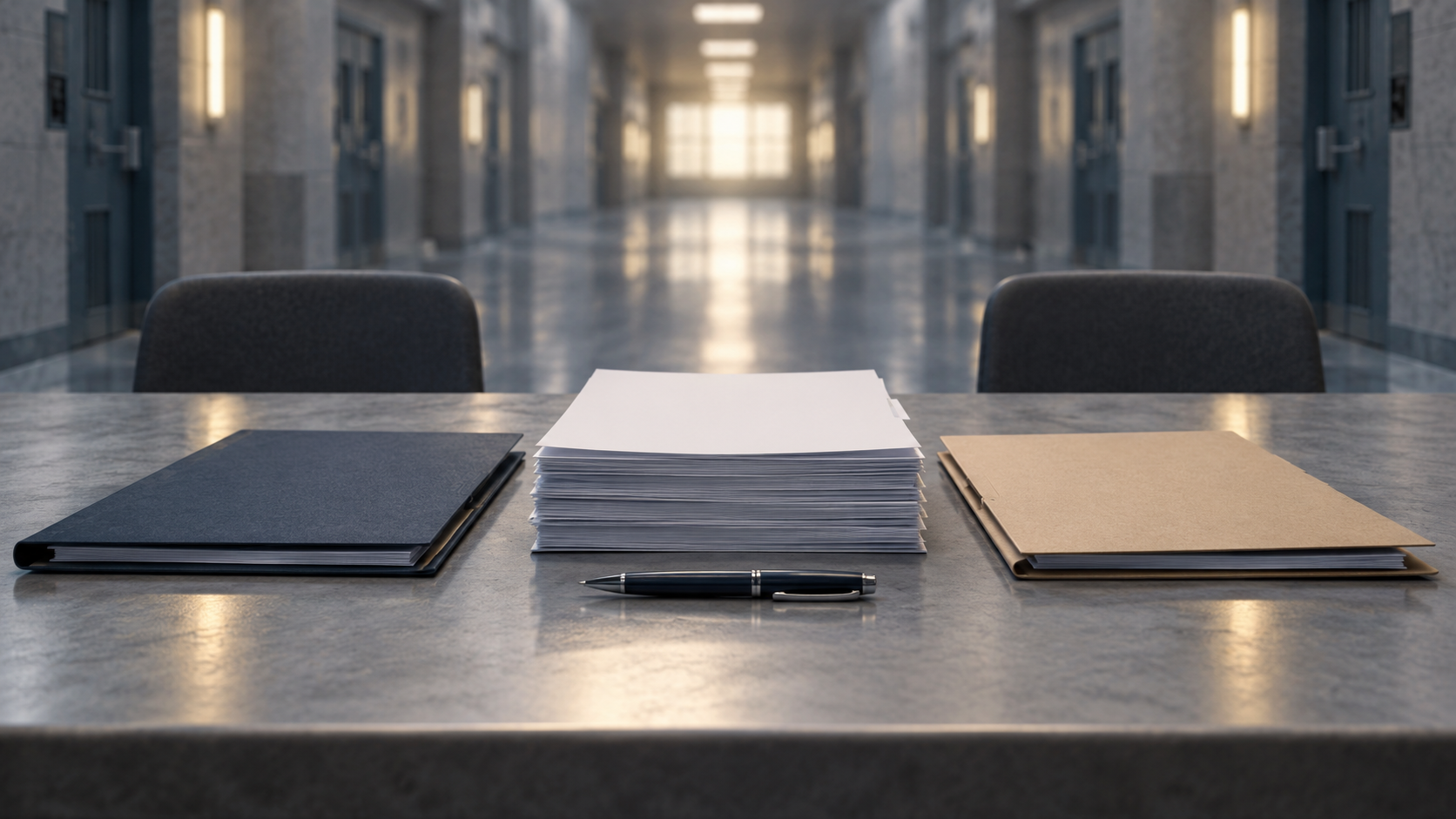 AI-generated conceptual illustration of blank paperwork and folders in a generic institutional setting; not actual case records or a Manitoba facility.