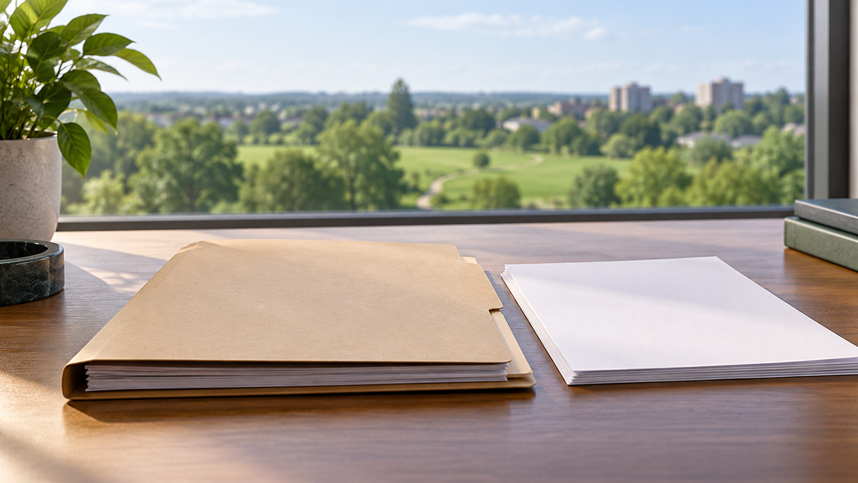 AI-generated conceptual illustration of a folder and blank papers overlooking generic green space; not actual case records or land in Sainte-Julie.