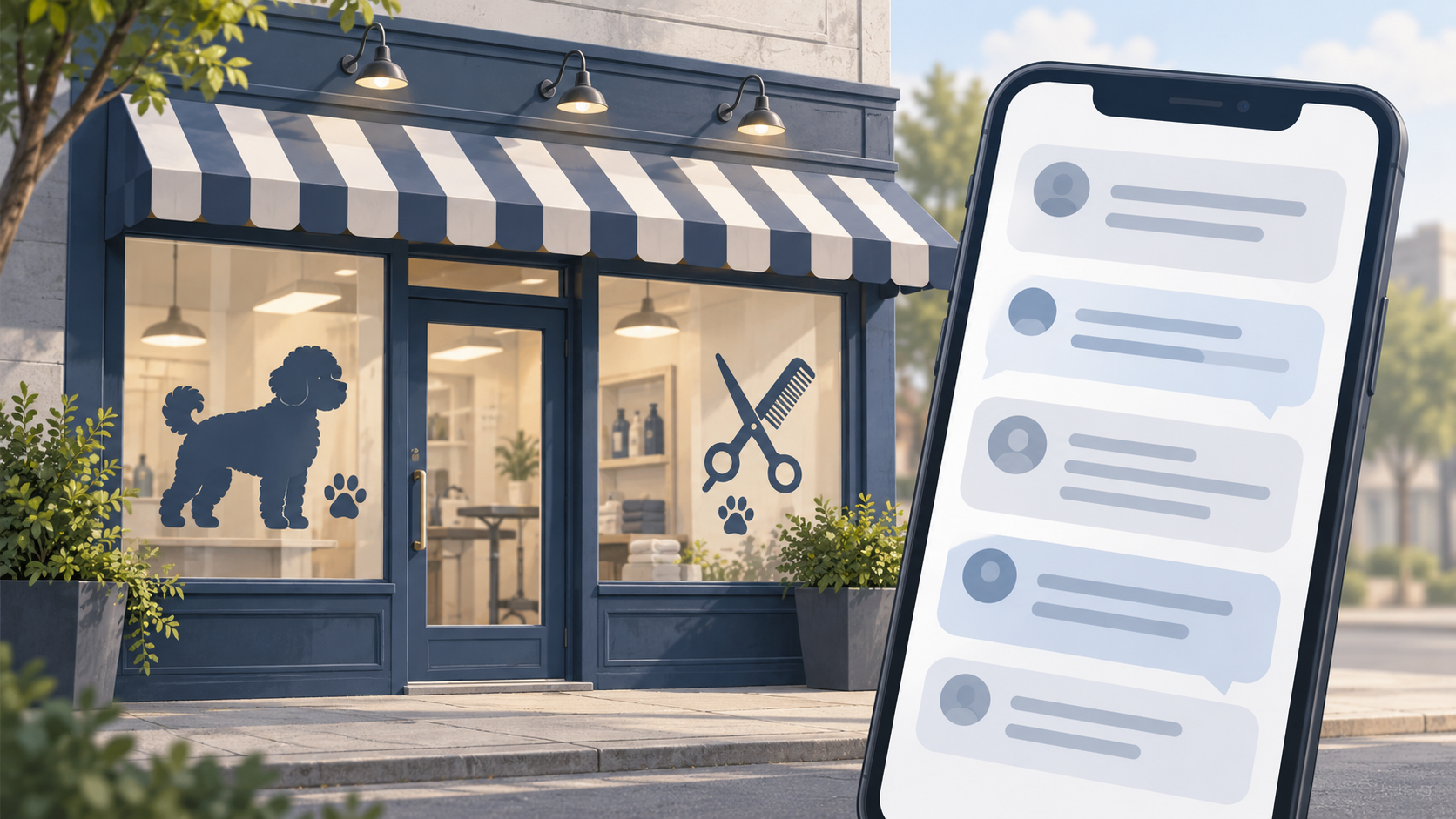 AI-generated conceptual illustration of a generic dog-grooming storefront beside a smartphone showing abstract online comments.