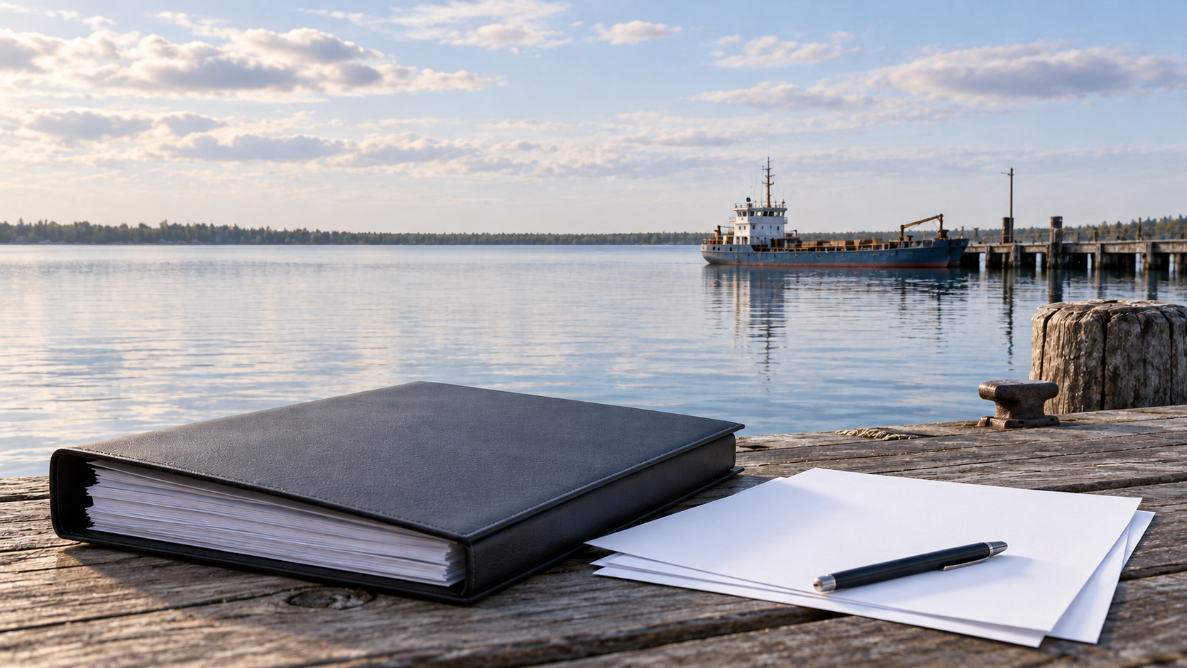 AI-generated conceptual illustration of legal papers beside a lake and a distant generic vessel; not the MV Poplar River or an actual location or transaction.