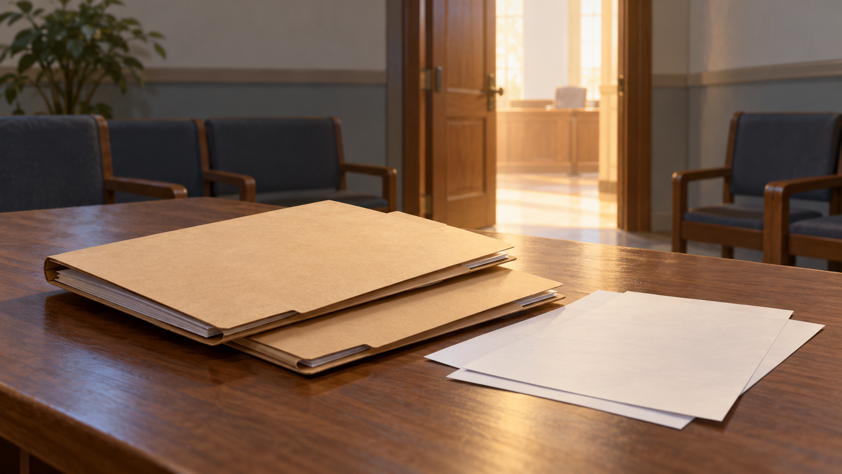 AI-generated conceptual illustration of plain folders and blank papers in a generic hearing-room waiting area; not actual case records or a specific venue.