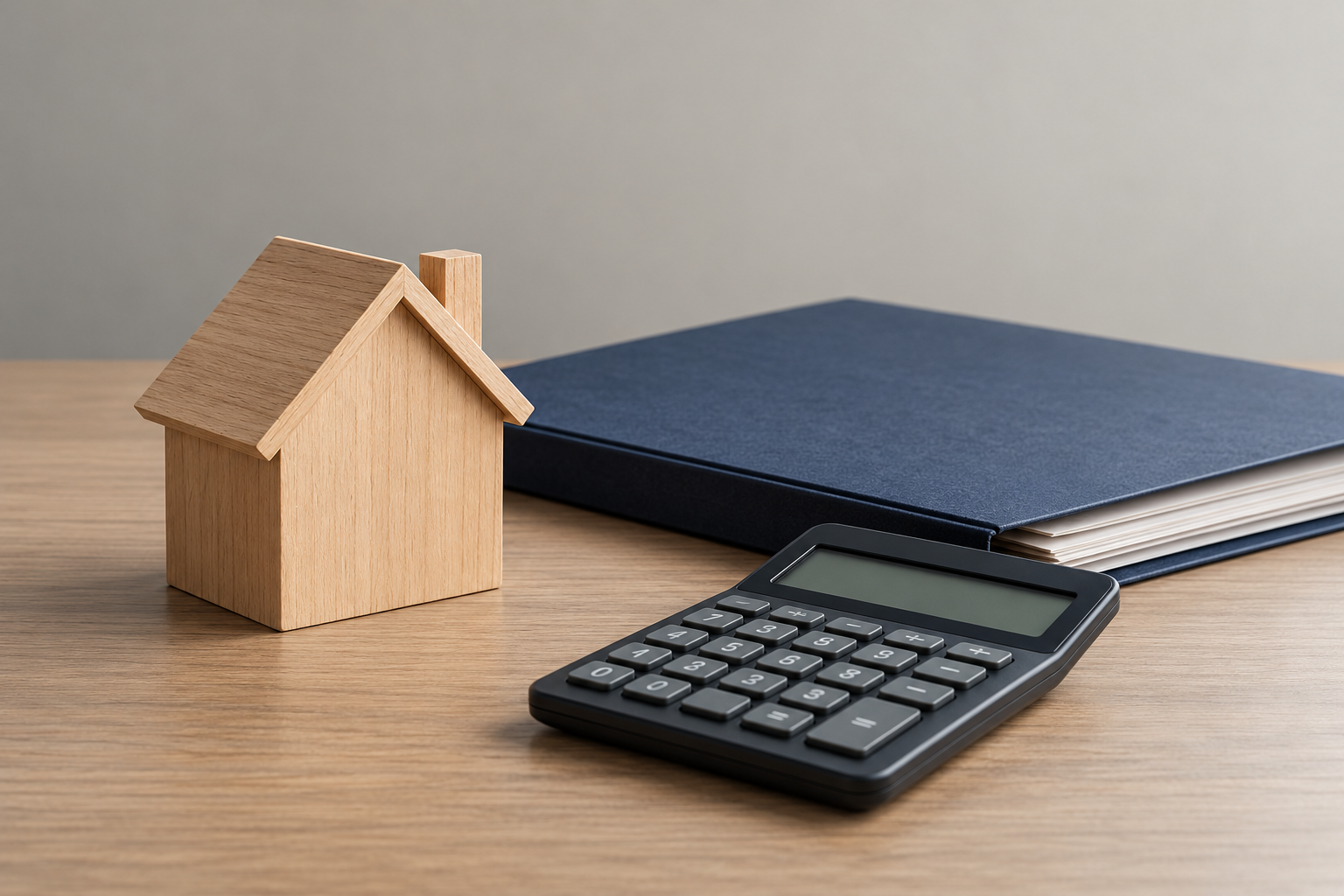 AI-generated conceptual illustration of a wooden house model, document folder and calculator; not the actual properties or case records.