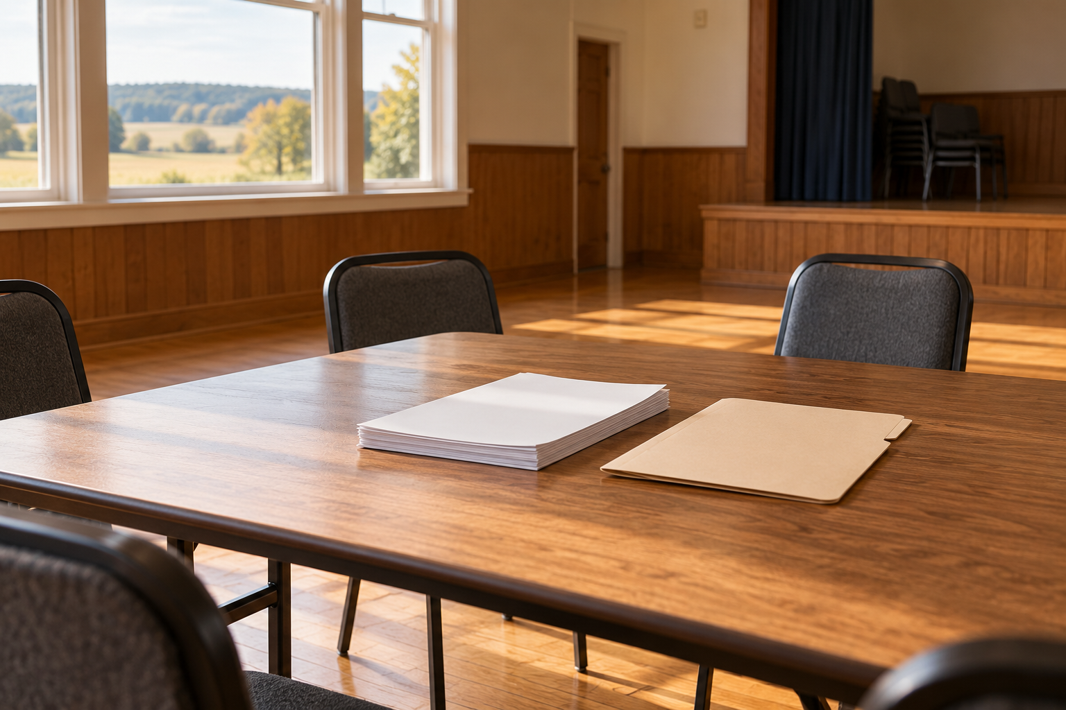 AI-generated conceptual illustration of blank papers and an unmarked folder in an empty community meeting room; not the actual hall or records in the case.