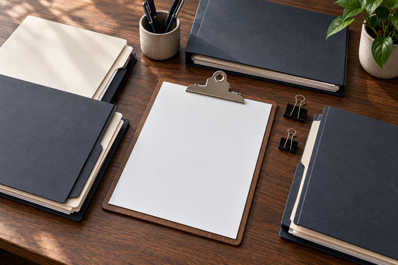 AI-generated conceptual illustration of unmarked folders and a blank clipboard on a desk; not the actual litigation records in the case.