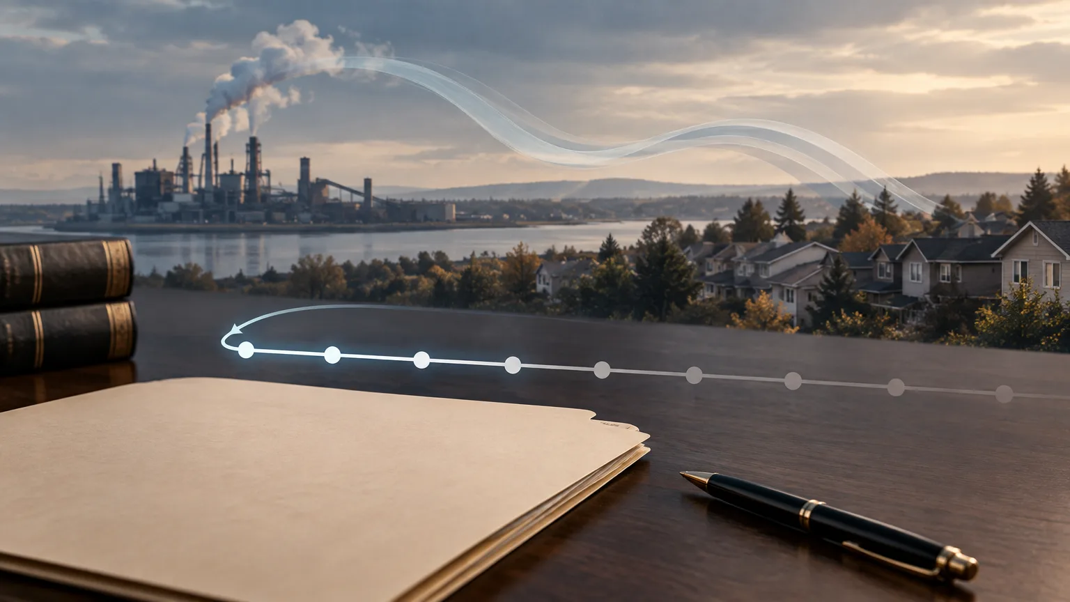 Conceptual illustration of an industrial facility beyond a residential neighbourhood, representing an environmental class action.
