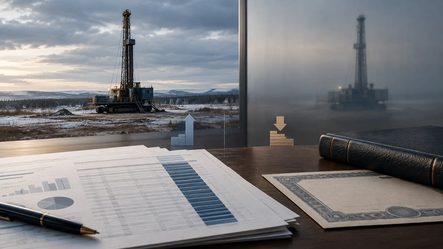 Conceptual illustration of project files on an executive desk with drilling equipment in the distance.