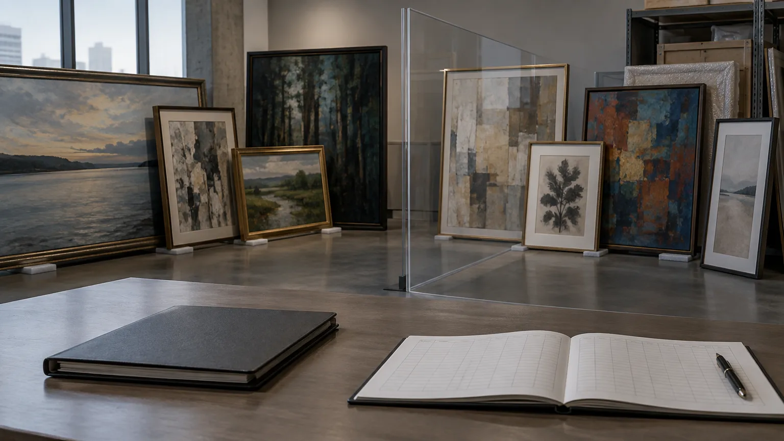 Conceptual illustration of wrapped paintings and an inventory clipboard in art storage.