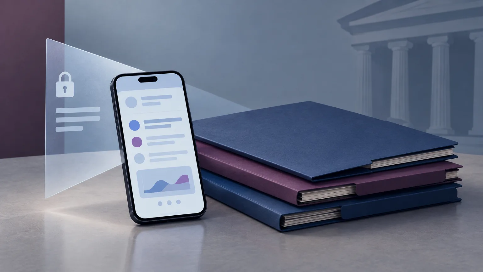 Conceptual illustration of a smartphone beside closed legal files, representing digital privacy and solicitor-client privilege.