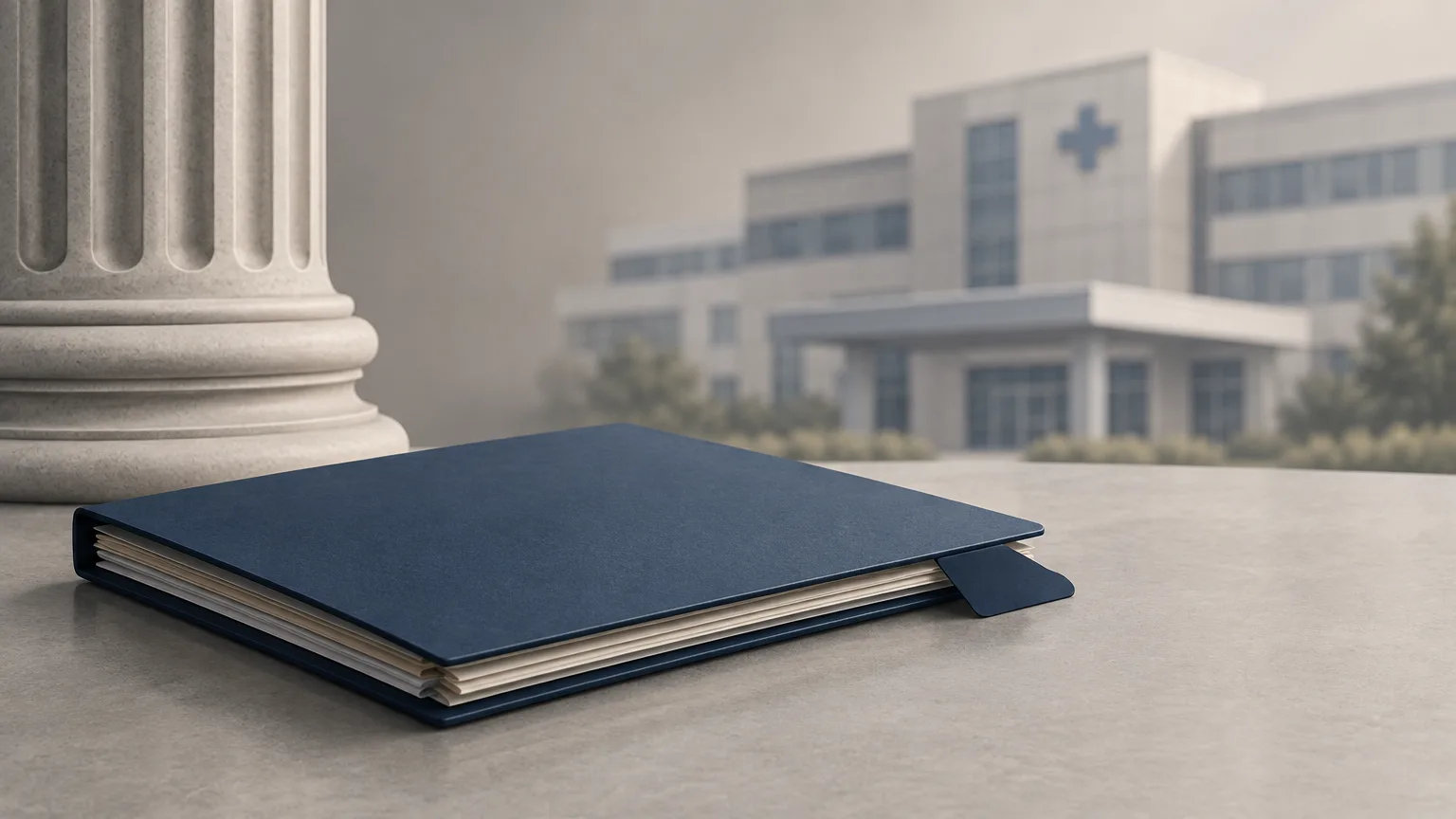 Illustration of a legal file with courthouse and hospital forms in the background.