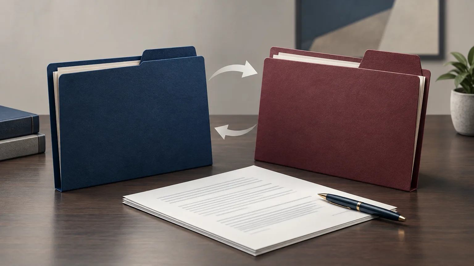 Conceptual illustration of corporate files and financing documents being reviewed.