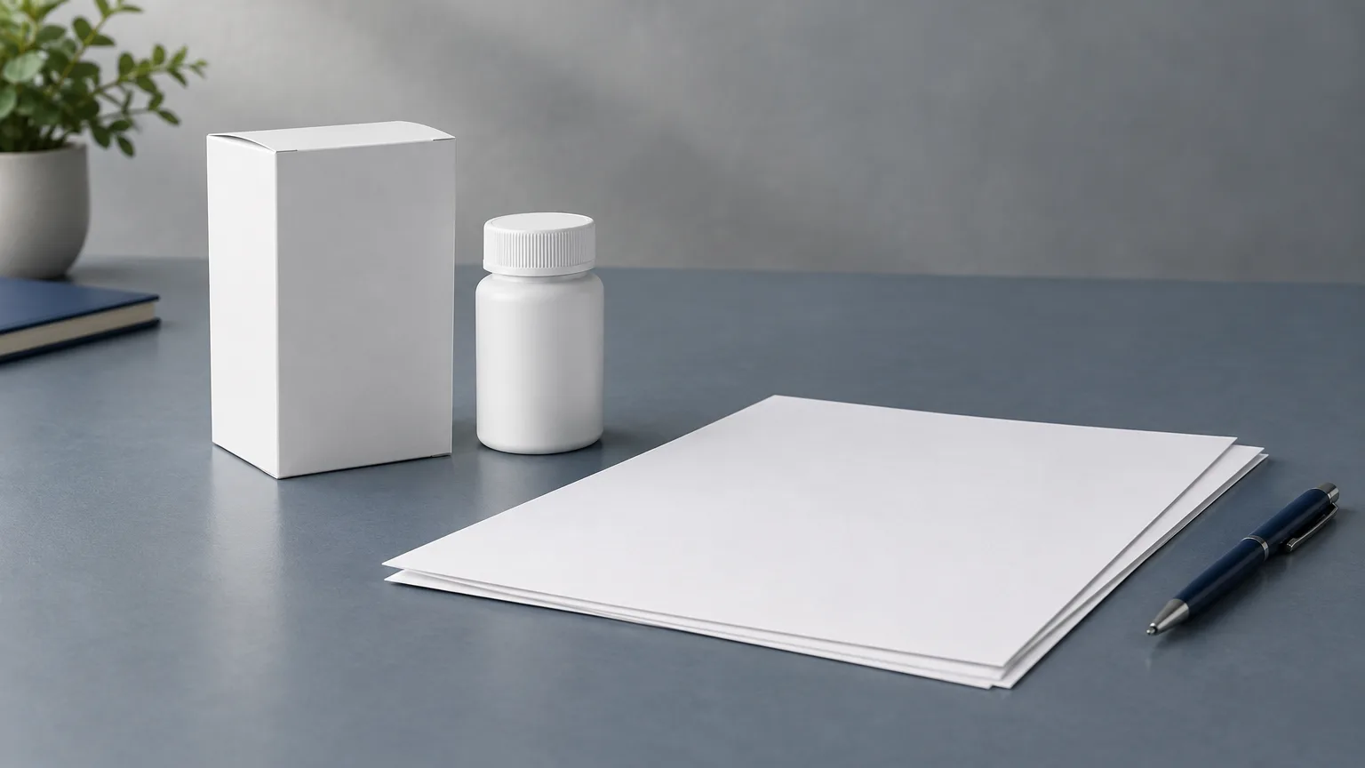 Conceptual illustration of unbranded medicine packaging beside plain legal paperwork.