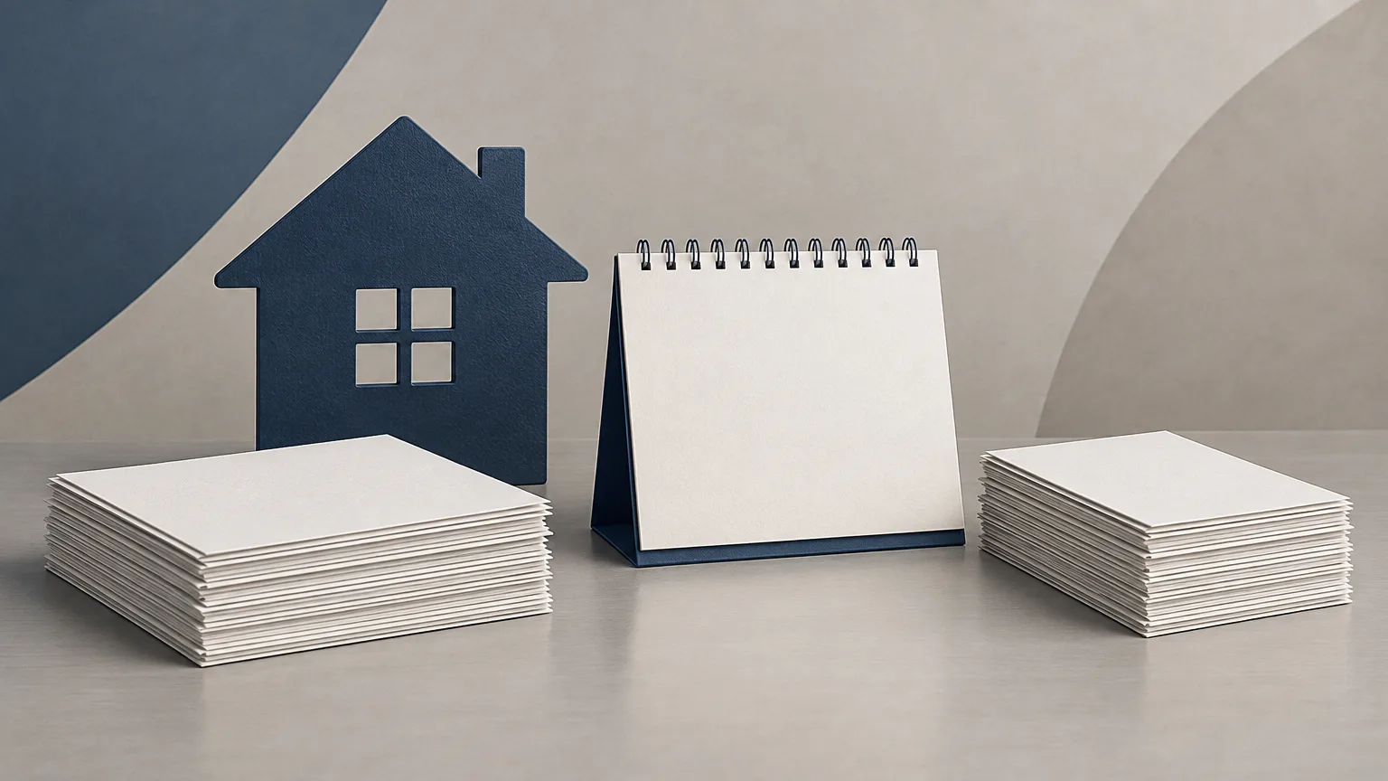 Conceptual illustration of a rental home, calendar and two document stacks.