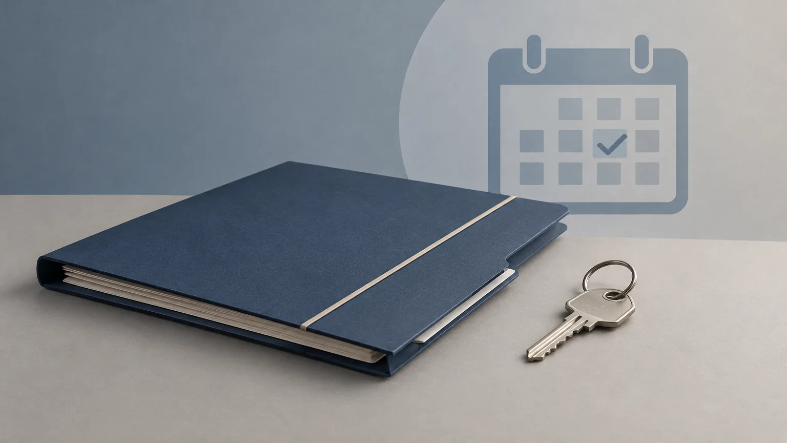 Conceptual illustration of a closed case folder beside a generic rental key.