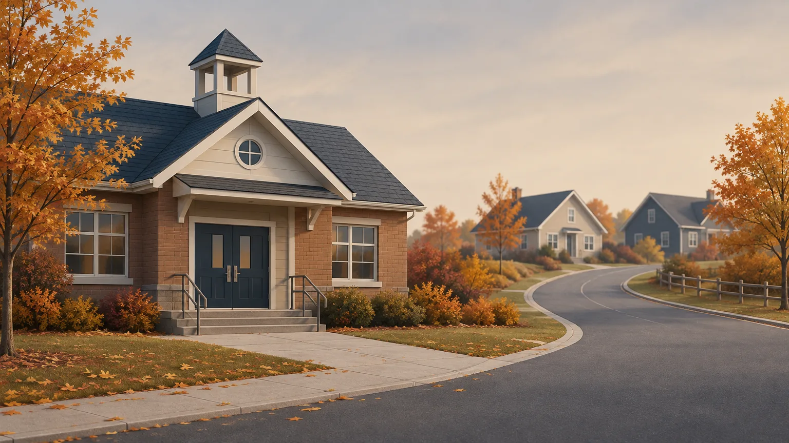Illustrative image of an empty school building beside a quiet road and houses in autumn.