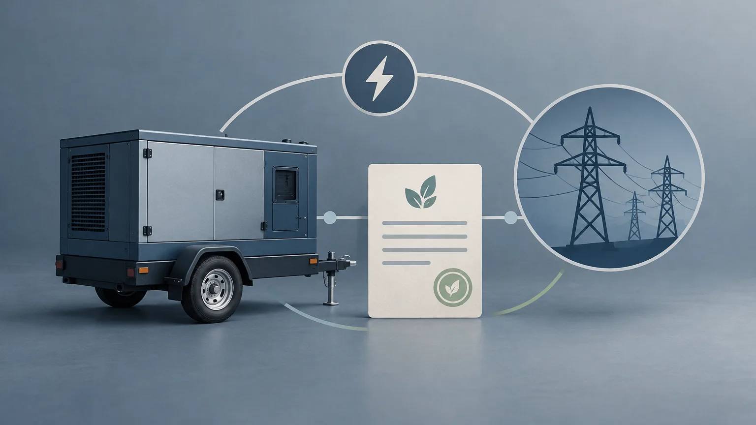 Conceptual illustration of a generic mobile generator with permit and electricity-grid symbols.