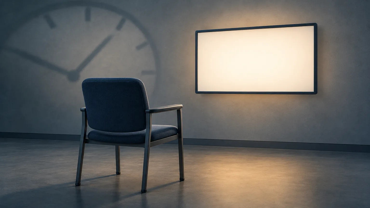 Conceptual empty interview chair beside an abstract video monitor and clock shadow.