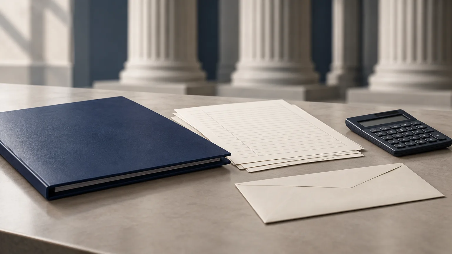 Editorial illustration of accounting folders, blank ledger sheets and a calculator with abstract courthouse columns in the background.