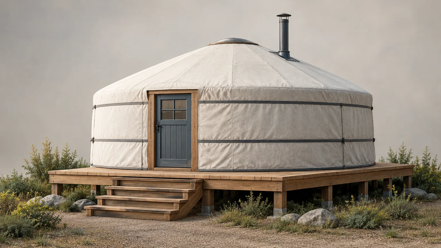 Illustration of a canvas-covered yurt on a raised wooden deck in a rural clearing.