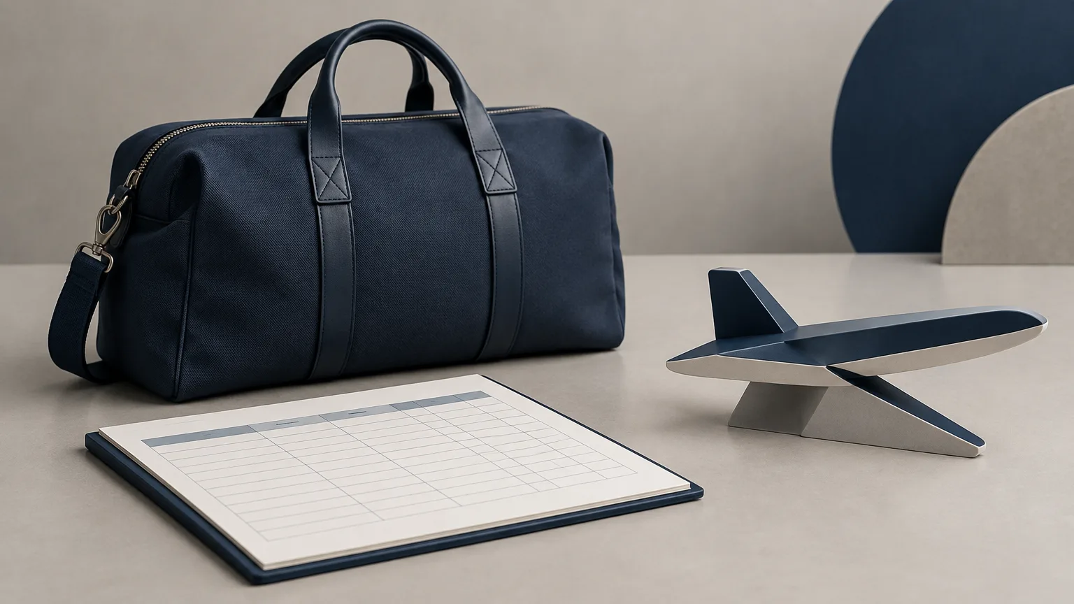 Conceptual illustration of a passenger aircraft, travel bag and blank work-time record.