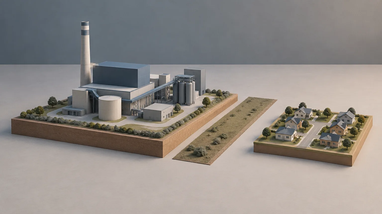 Conceptual illustration of a generic power-plant model beside a separate residential model, representing a siting dispute.