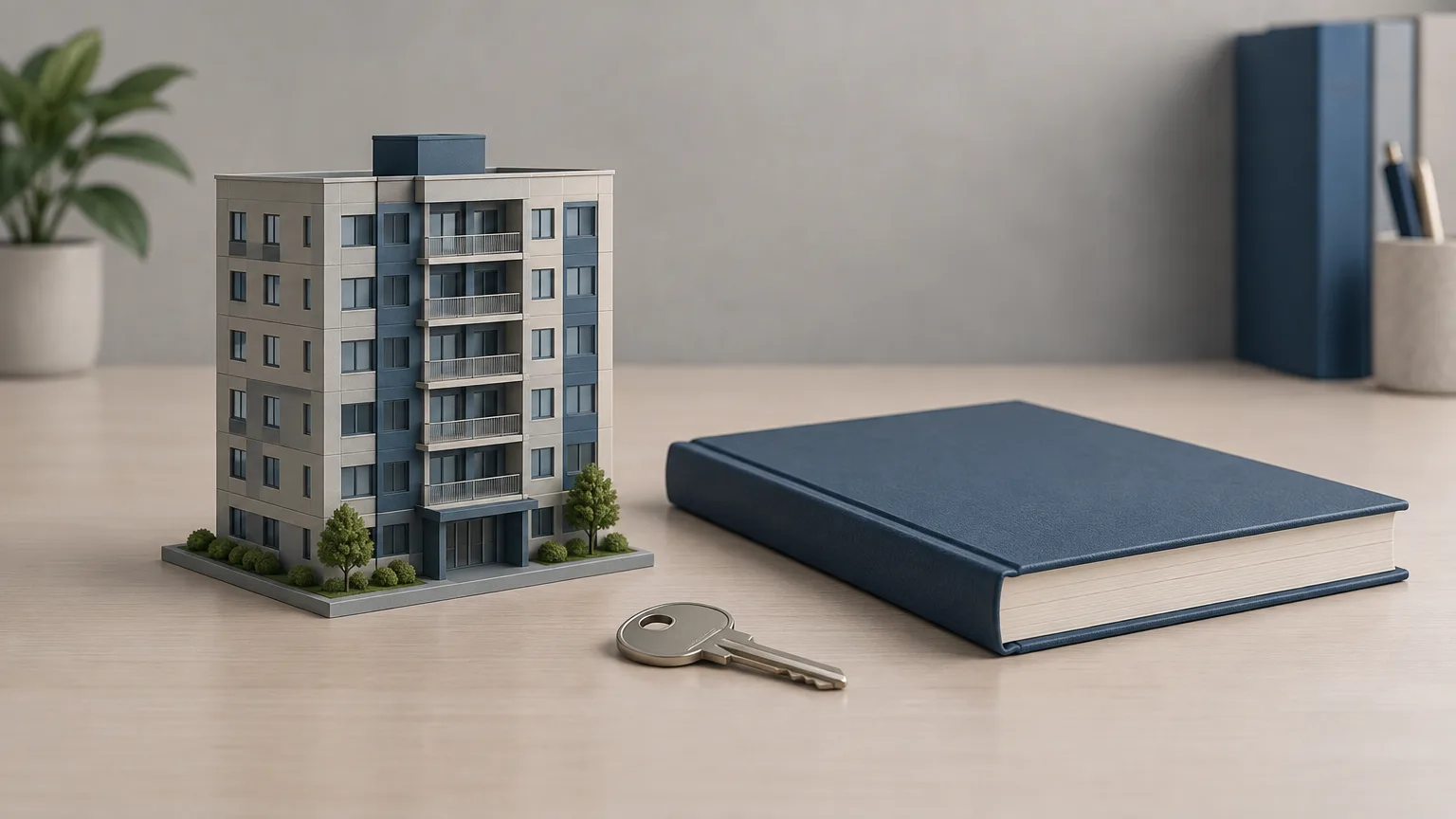 Conceptual illustration of an apartment-building model beside a ledger and key.