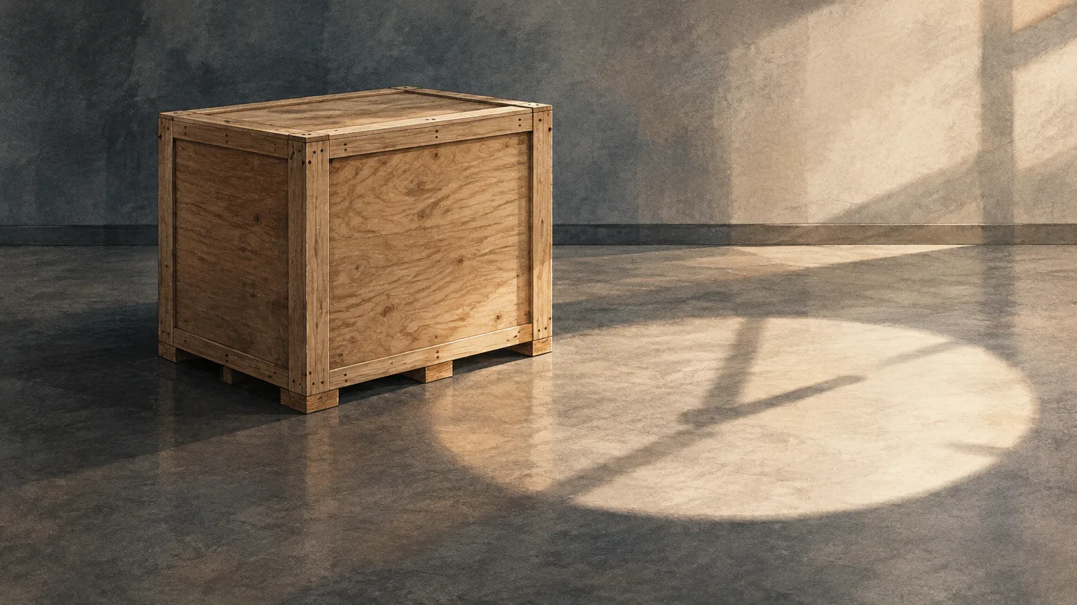 Conceptual illustration of a freight crate and abstract clock shadow representing search and trial-delay issues.