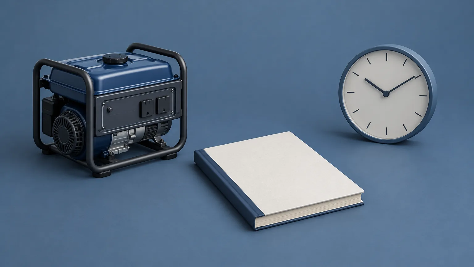 Conceptual illustration of a generic portable generator beside blank accounting records and an unmarked clock.
