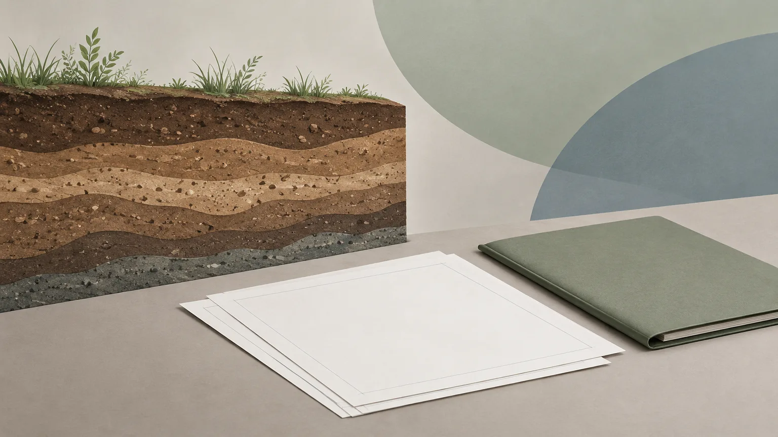 Conceptual illustration of neutral soil layers and blank planning paperwork, not the actual site or evidence of contamination.