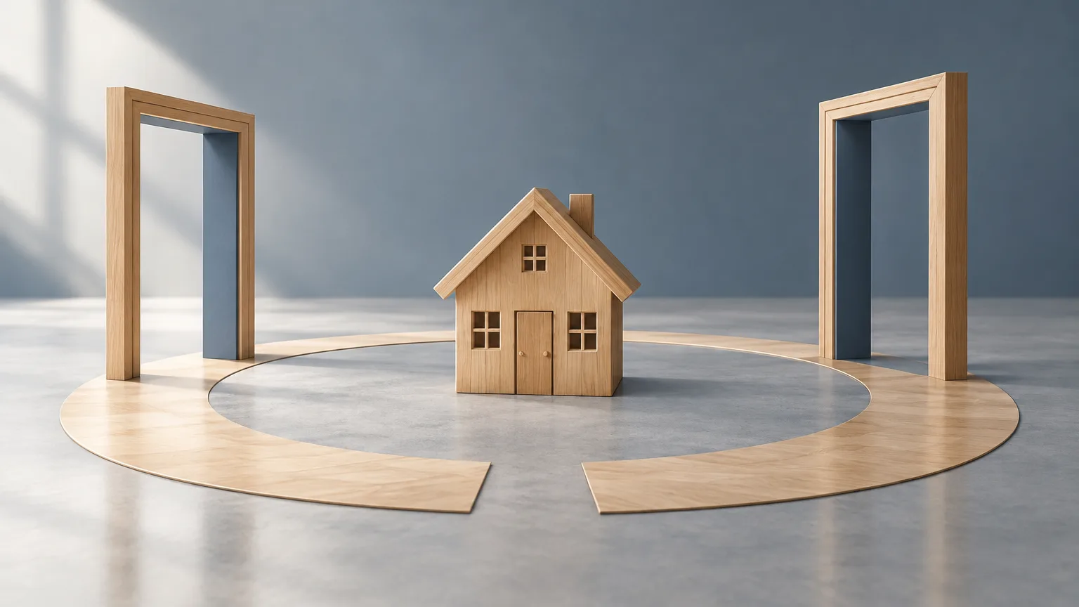 Conceptual illustration of a generic house and open doorframes representing a renewed hearing in a housing dispute.