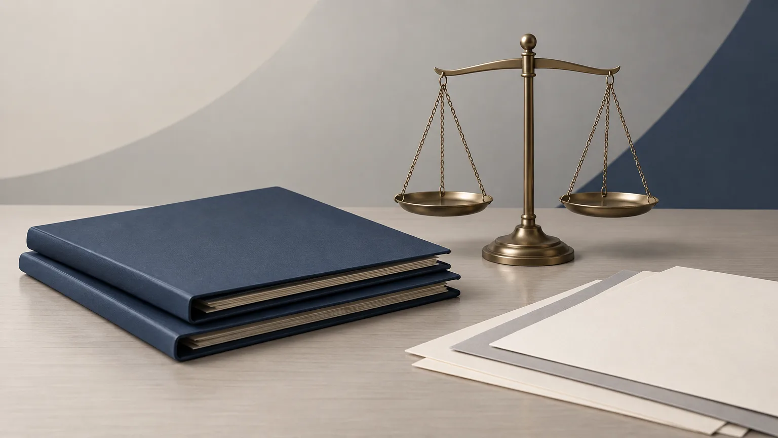 Conceptual illustration of unmarked insurance folders and a balanced scale on a neutral desk, representing enforcement of an arbitration award.