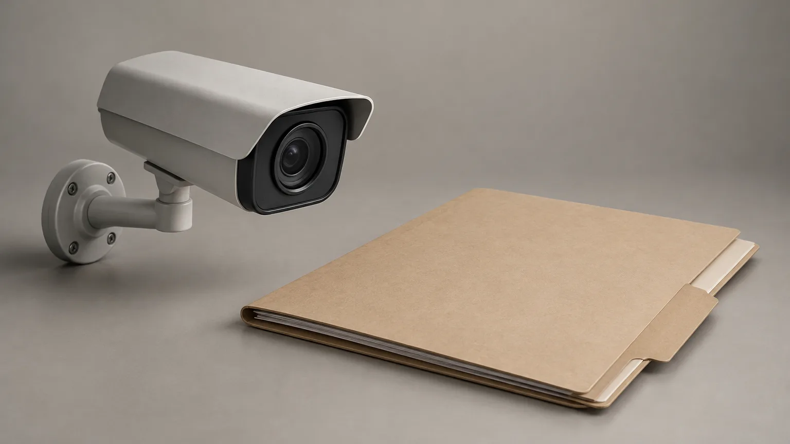 Conceptual illustration of a generic security camera beside an unmarked closed archival folder.