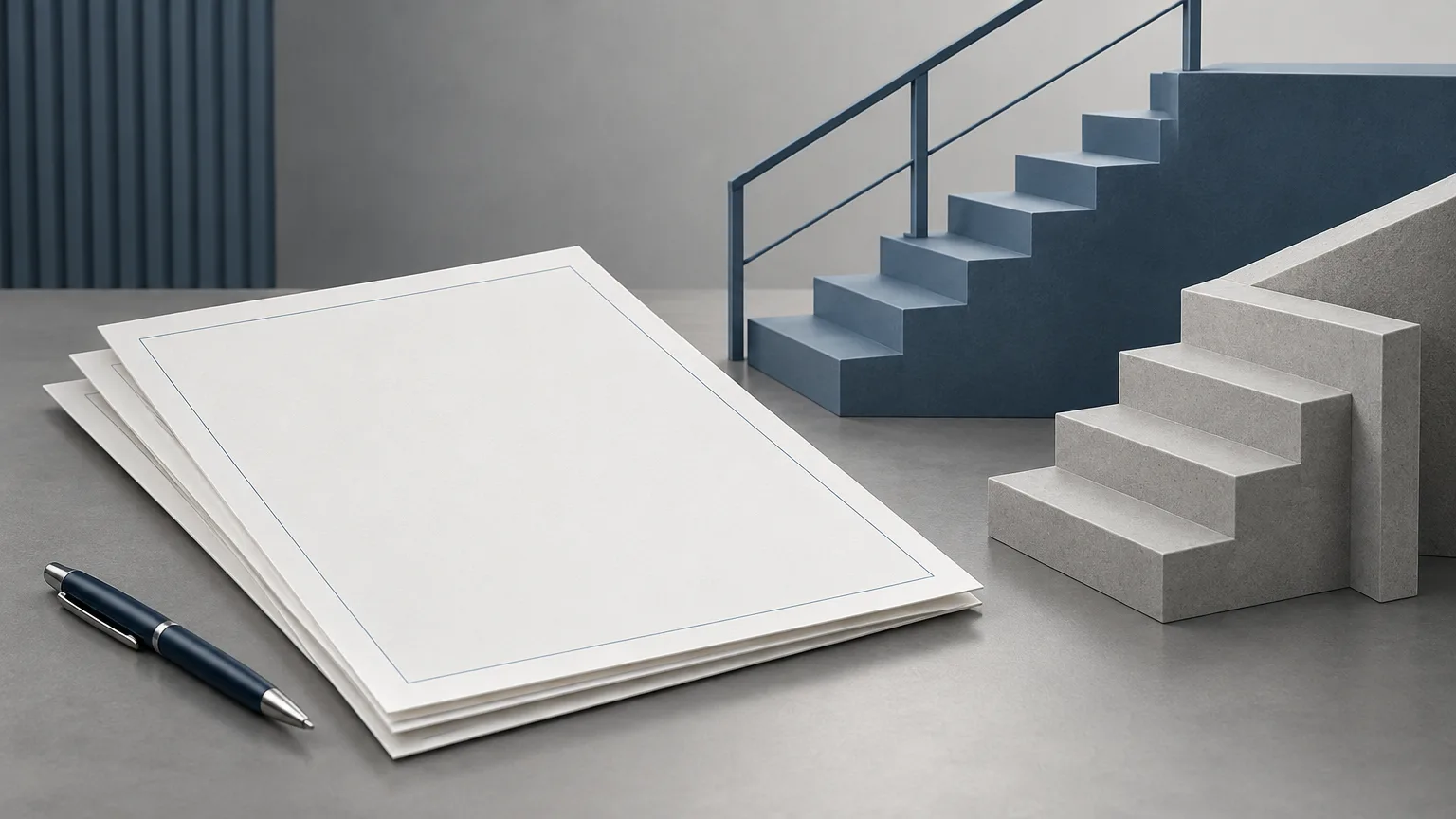 Conceptual illustration of blank permit sheets and abstract staircase forms.