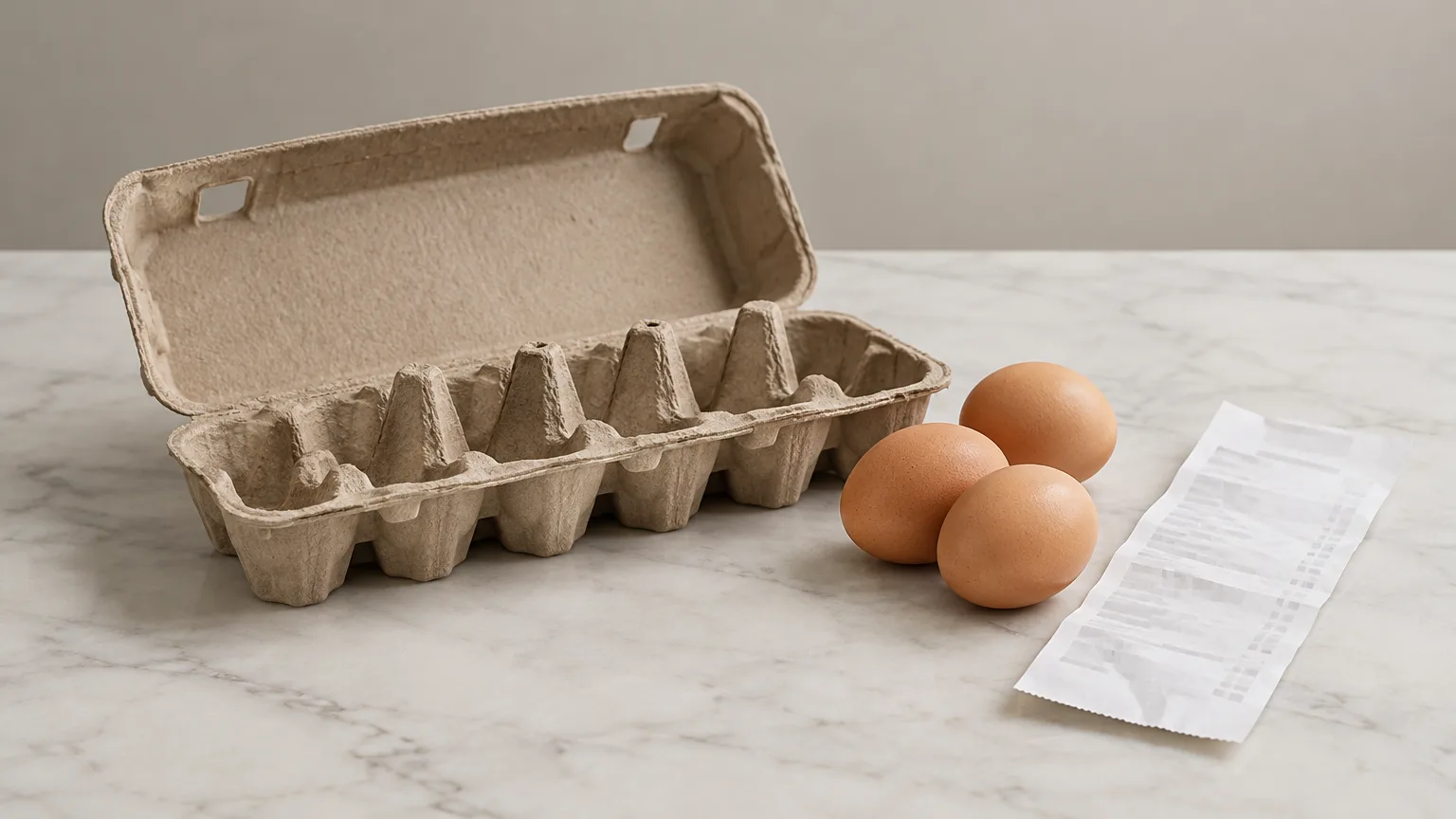 Conceptual illustration of an unbranded egg carton and grocery receipt, not the products involved in the dispute.