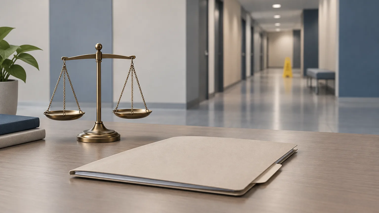 Illustration of a compensation review file beside a generic workplace corridor, with no people shown.
