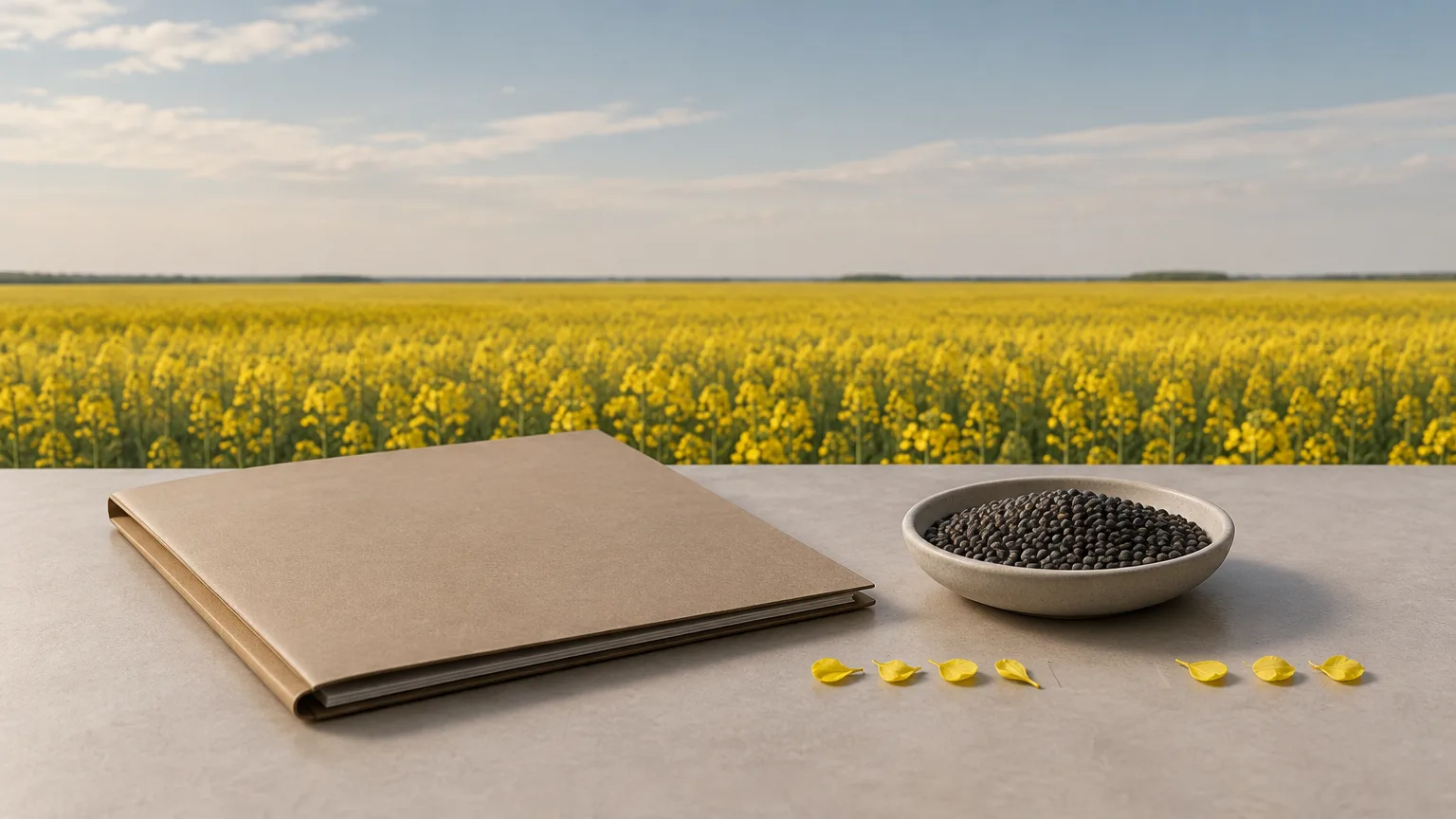 Conceptual illustration of a prairie canola field, canola seeds and plain contract paperwork; not the farm involved in the case.