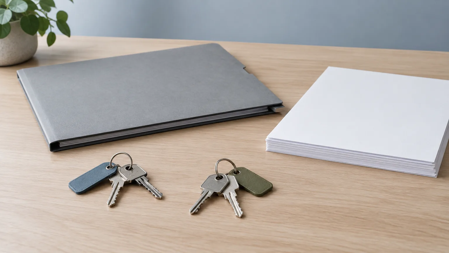 Conceptual illustration of two sets of house keys beside a folder and blank paperwork on a table.