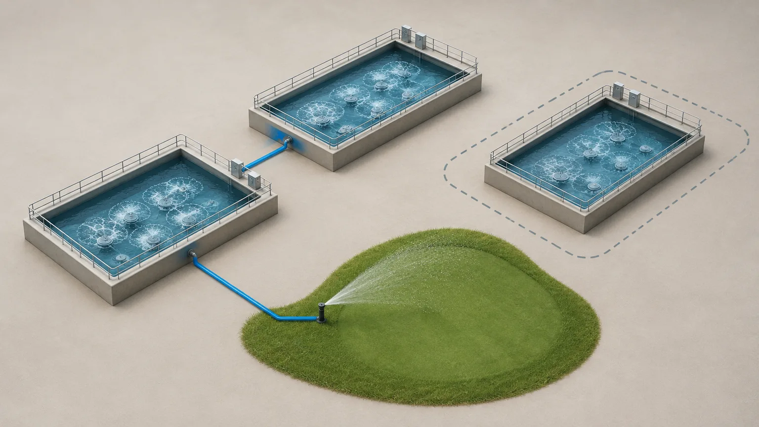 Conceptual treatment lagoons and golf-course irrigation, illustrating an environmental permit dispute.