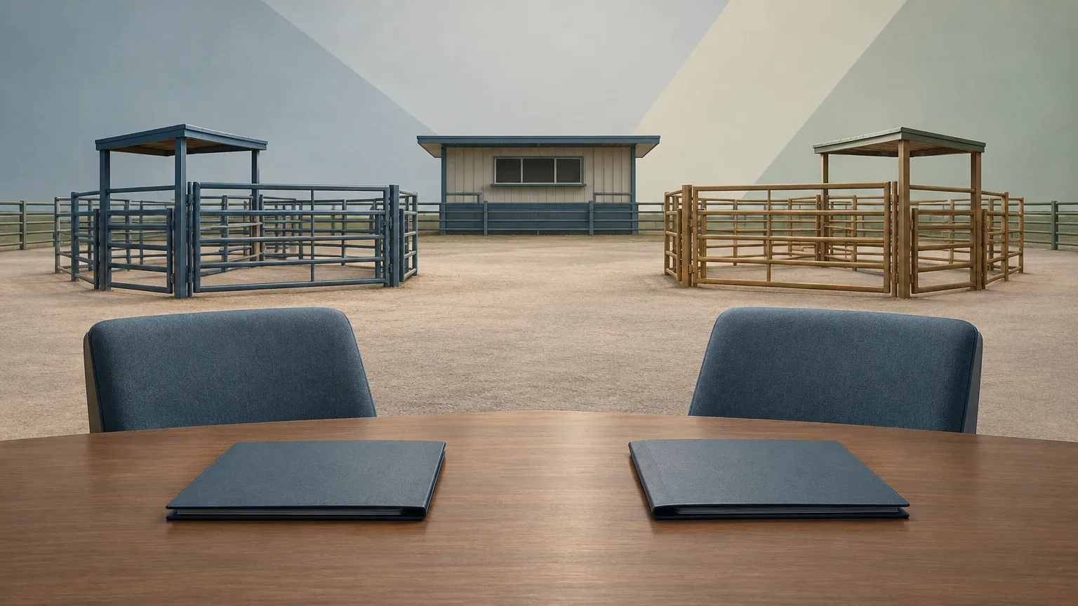 Conceptual illustration of a prairie livestock auction yard and meeting table representing collective bargaining; not an actual facility in the case.