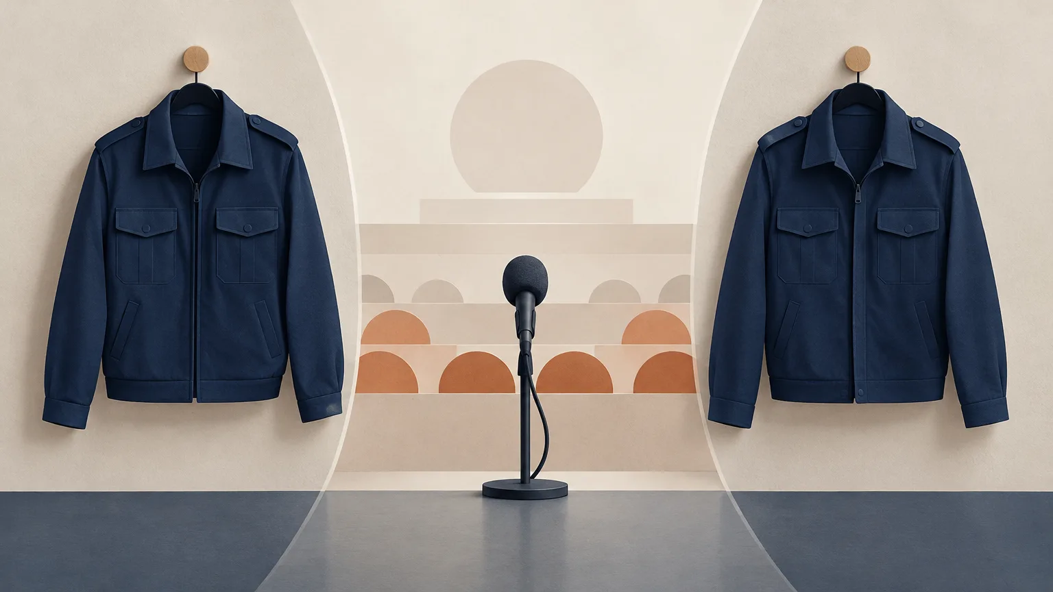 Conceptual illustration of two unmarked blue jackets beside a microphone, representing police identity and public speech.