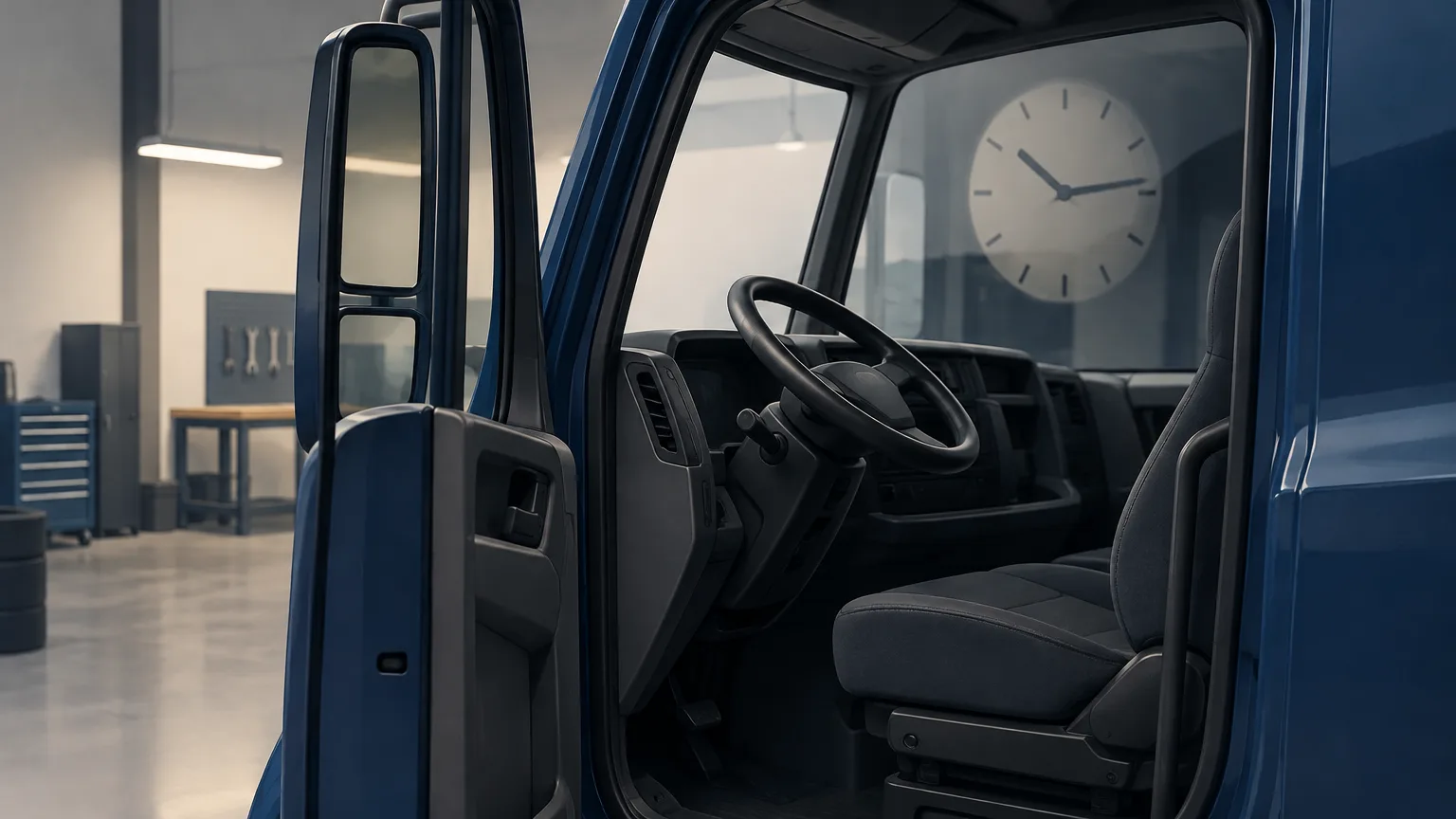 Conceptual truck cab and clock representing a dispute about overtime pay.