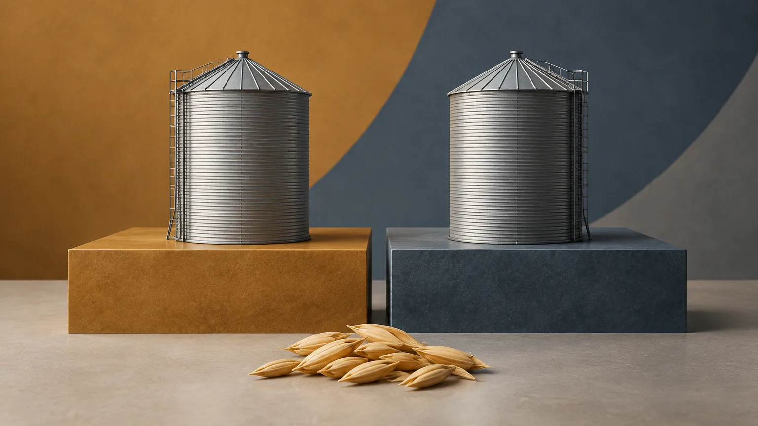 Conceptual illustration of separate grain-storage models representing distinct corporate obligations.