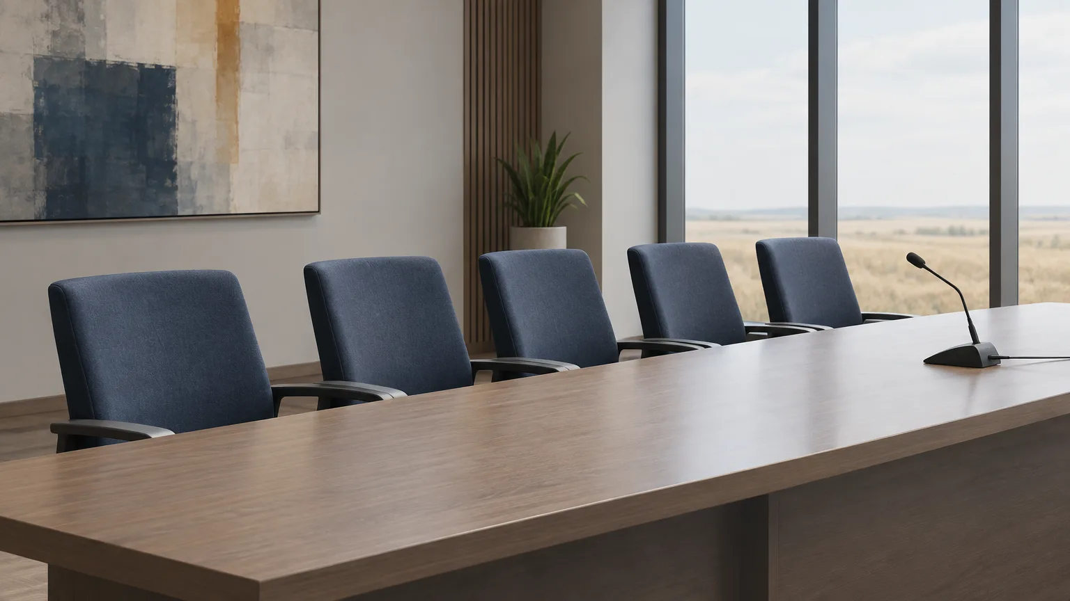 Conceptual illustration of five empty chairs and a microphone in a civic meeting room.