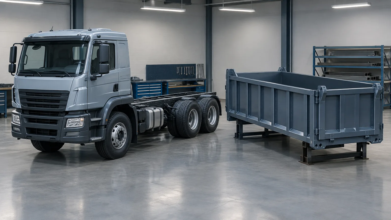Illustration of an unbranded truck chassis beside a separate steel truck body in a workshop.