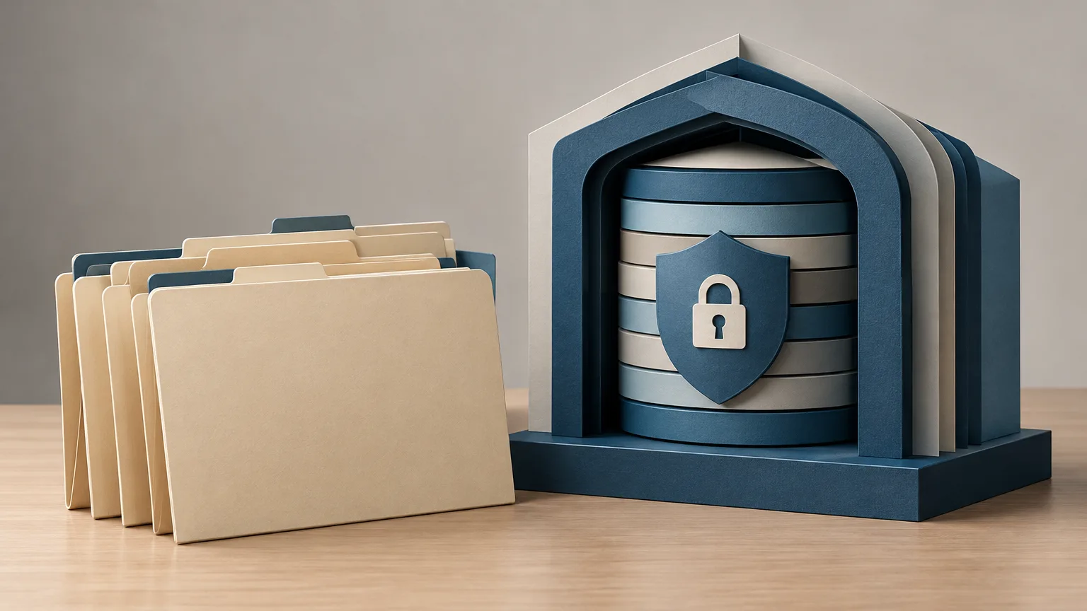 Conceptual illustration of blank school-record folders beside an abstract data vault.