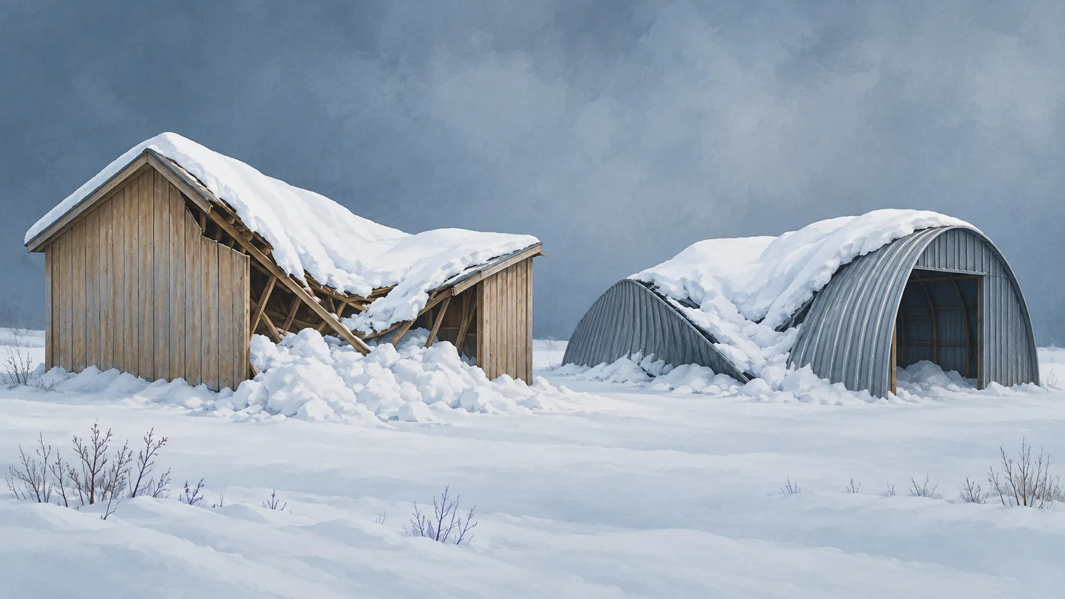 Illustration of rural outbuildings with roofs damaged under heavy snow.