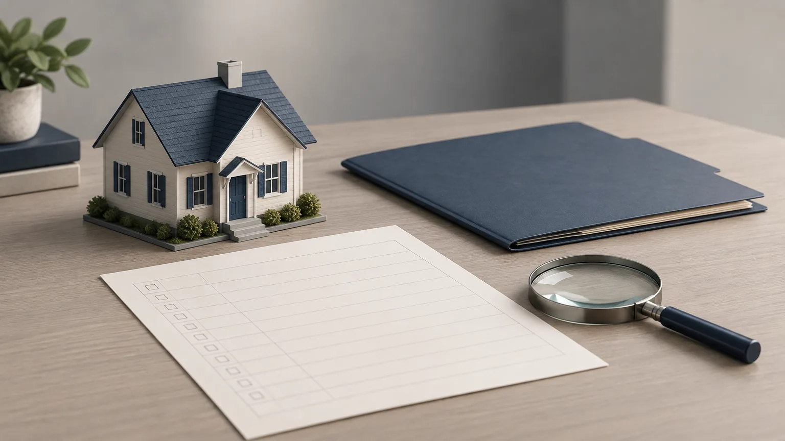 Conceptual illustration of a model house beside a document folder, blank inventory sheet and magnifying glass.