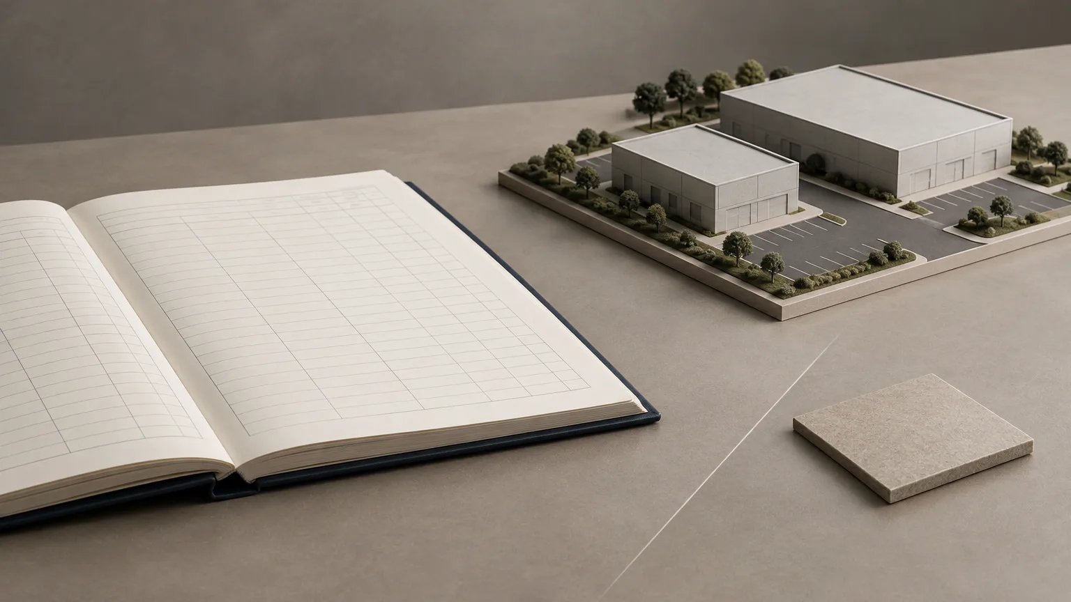 Conceptual illustration of a mortgage accounting ledger beside a property model.